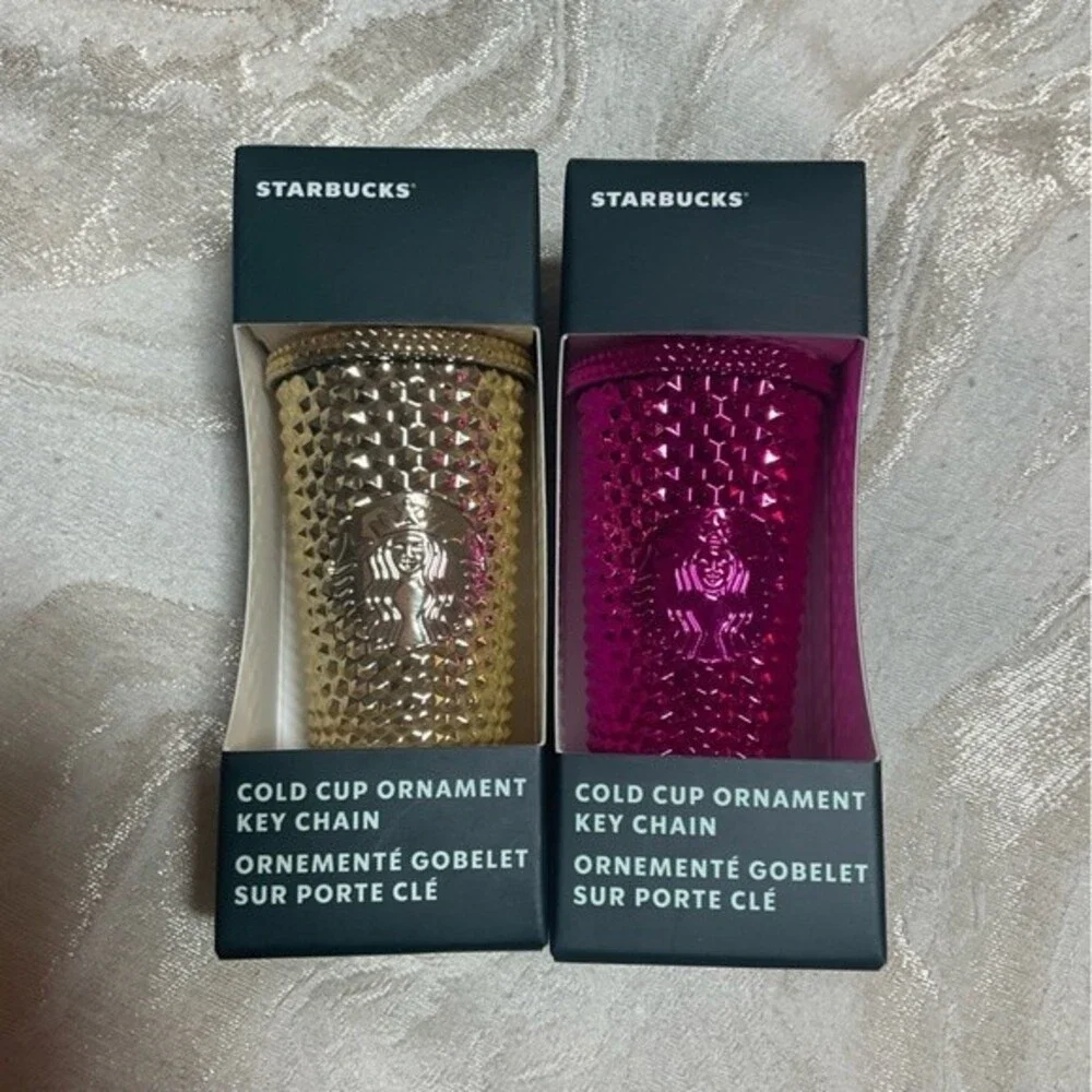 Starbucks 2022 Winter Holiday Keychains Gold Bling & Sangria Bling Set of 2